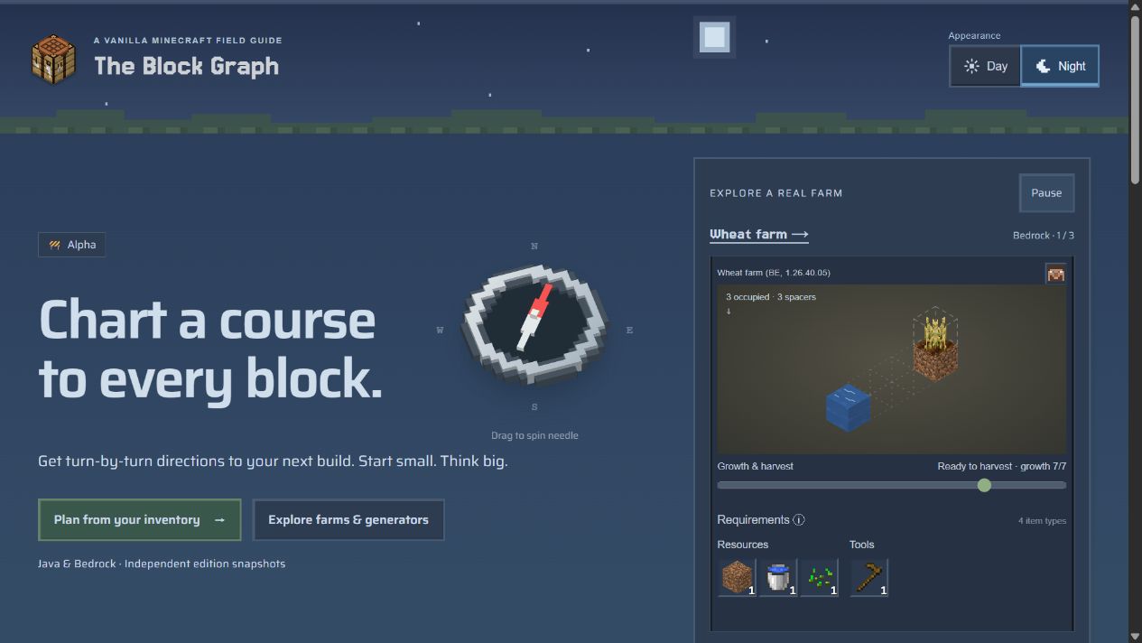 The live Block Graph homepage showing inventory planning and a wheat farm blueprint with its required materials.